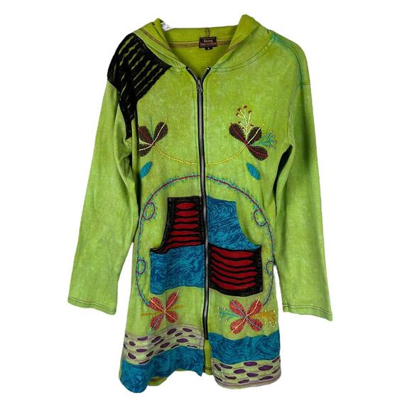 Rising International Green Boho Patchwork Hooded Long Sleeve Sweatshirt Dress L - Picture 1 of 4